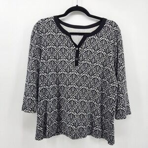 Croft & Barrow Women's Black White‎ Patterned 3/4 Sleeve Top Plus Size PXL